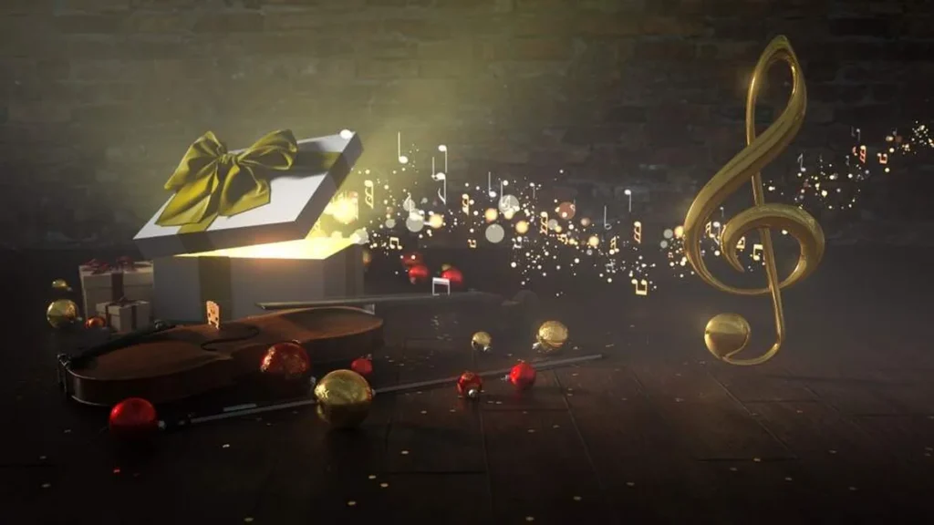 Imagem Conceito de cancoes de natal com violino presente e partituras no chao de madeira. do artigo Playlist do Advento e do Natal: Cantos que tocam o Coração