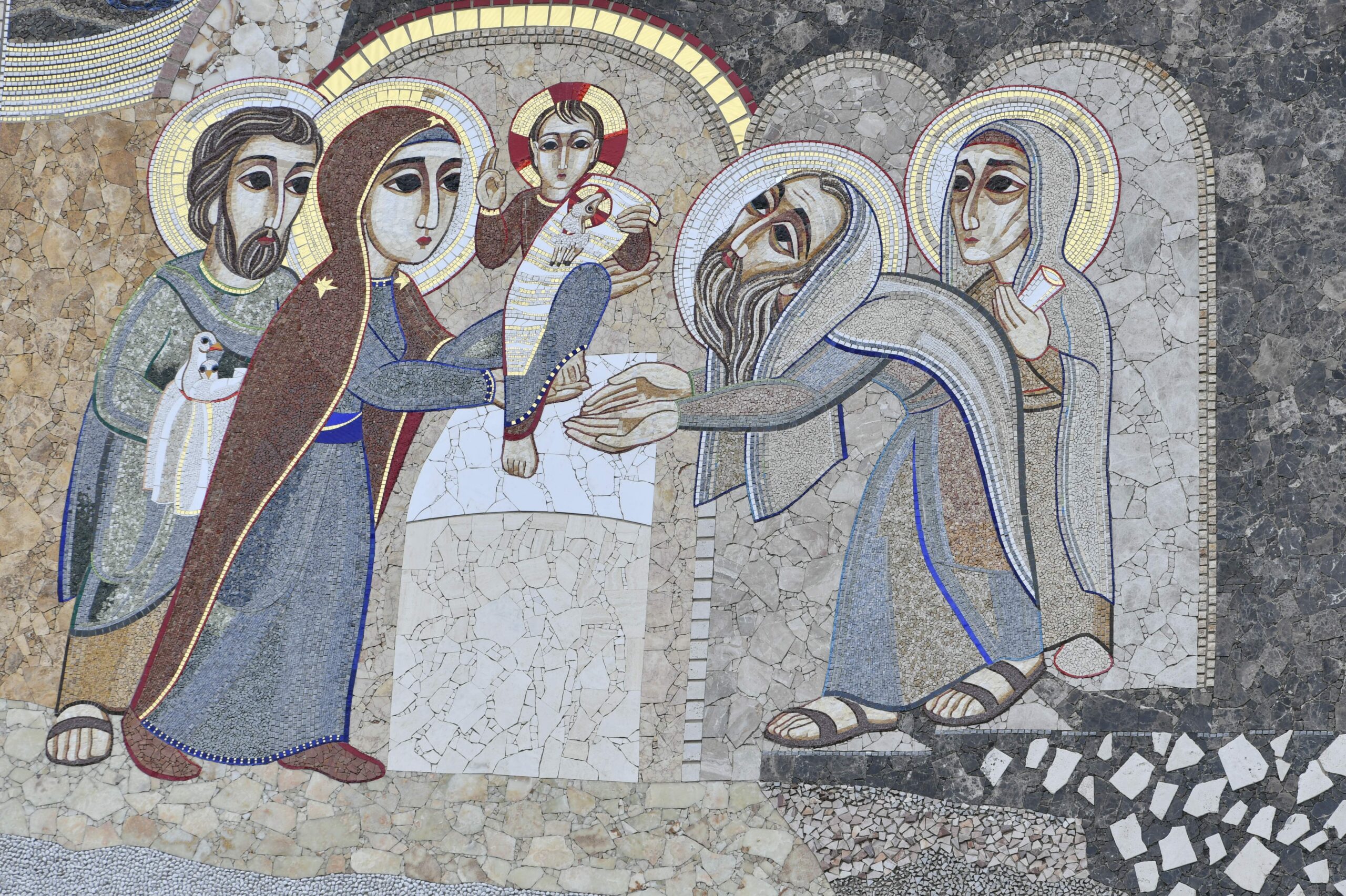 Mosaico da Fachada Sul: Jesus é apresentado no Templo e a Virgem Maria faz sua purificação