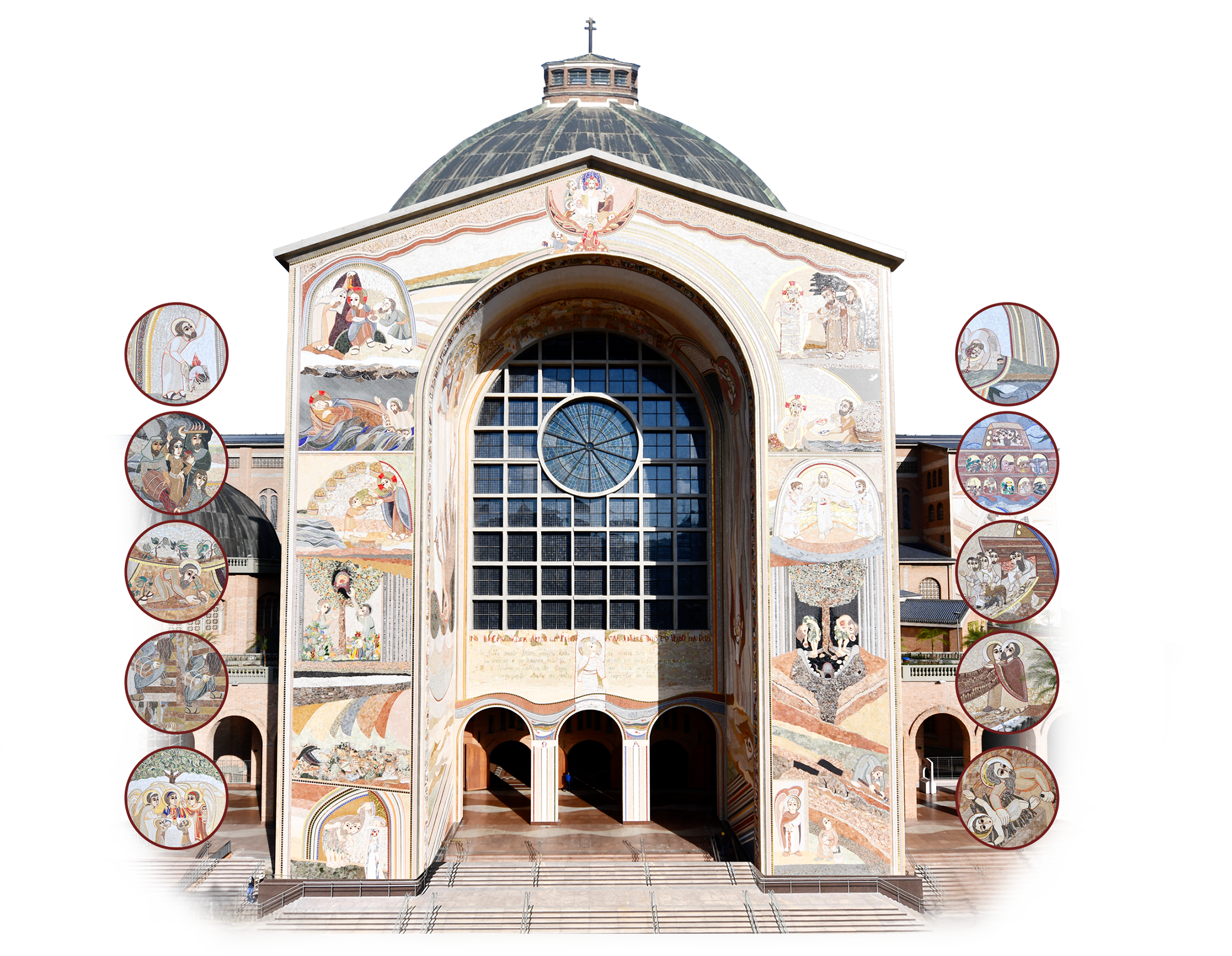 Fachada Leste da Basílica de Aparecida, com 28 pontos sobre as cenas em mosaico