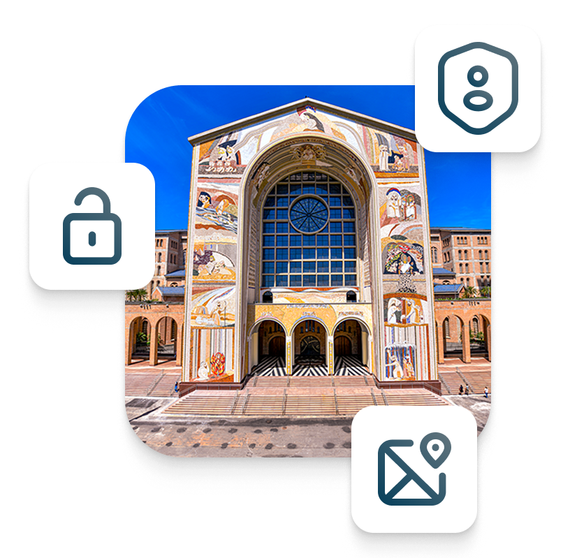 A fachada da Basílica de Aparecida entre ícones de cadeado aberto, identificação e localização