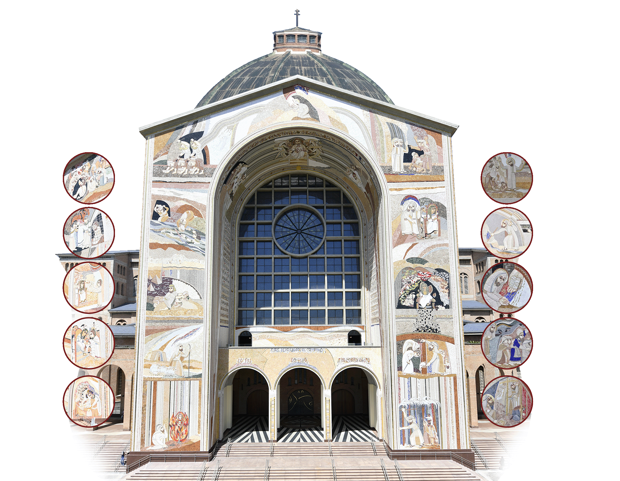 Fachada Norte da Basílica de Aparecida, com 24 pontos sobre as cenas em mosaico