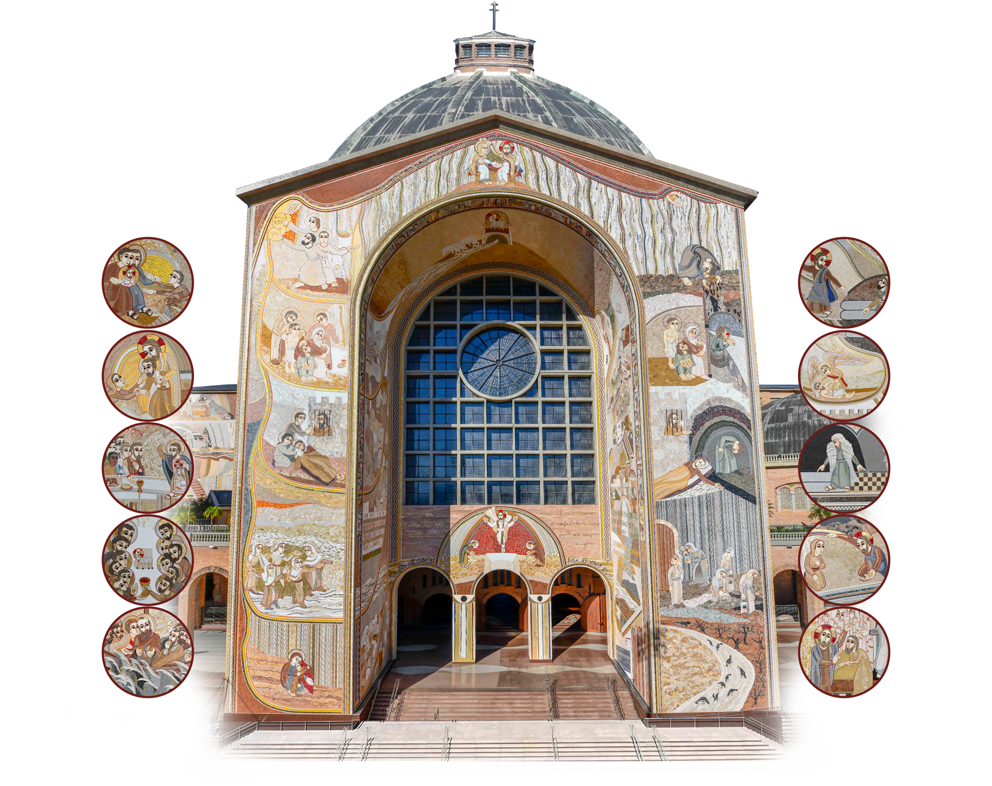 Fachada Oeste da Basílica de Aparecida, com 28 pontos sobre as cenas em mosaico