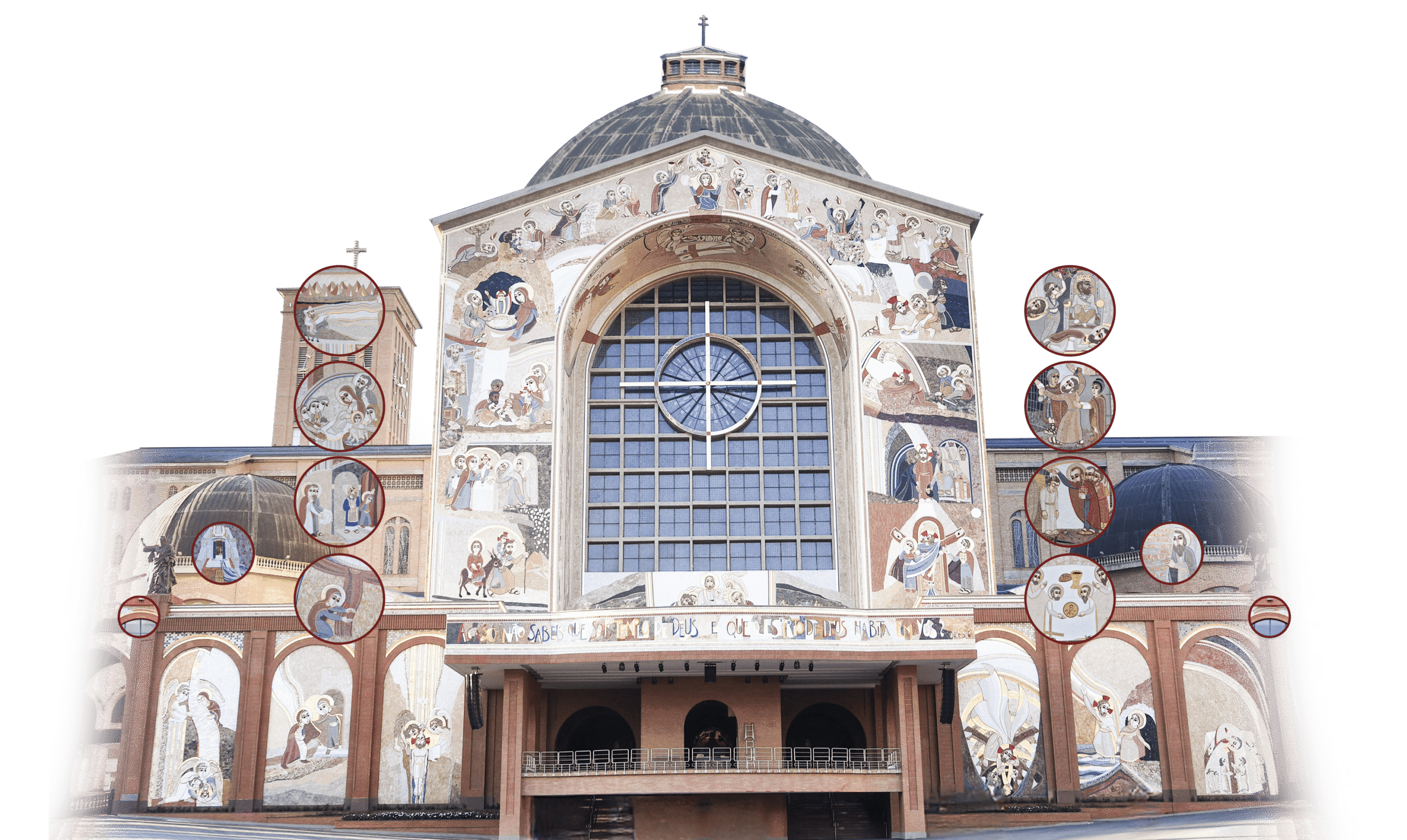 Fachada Sul da Basílica de Aparecida, com 33 pontos sobre as cenas em mosaico